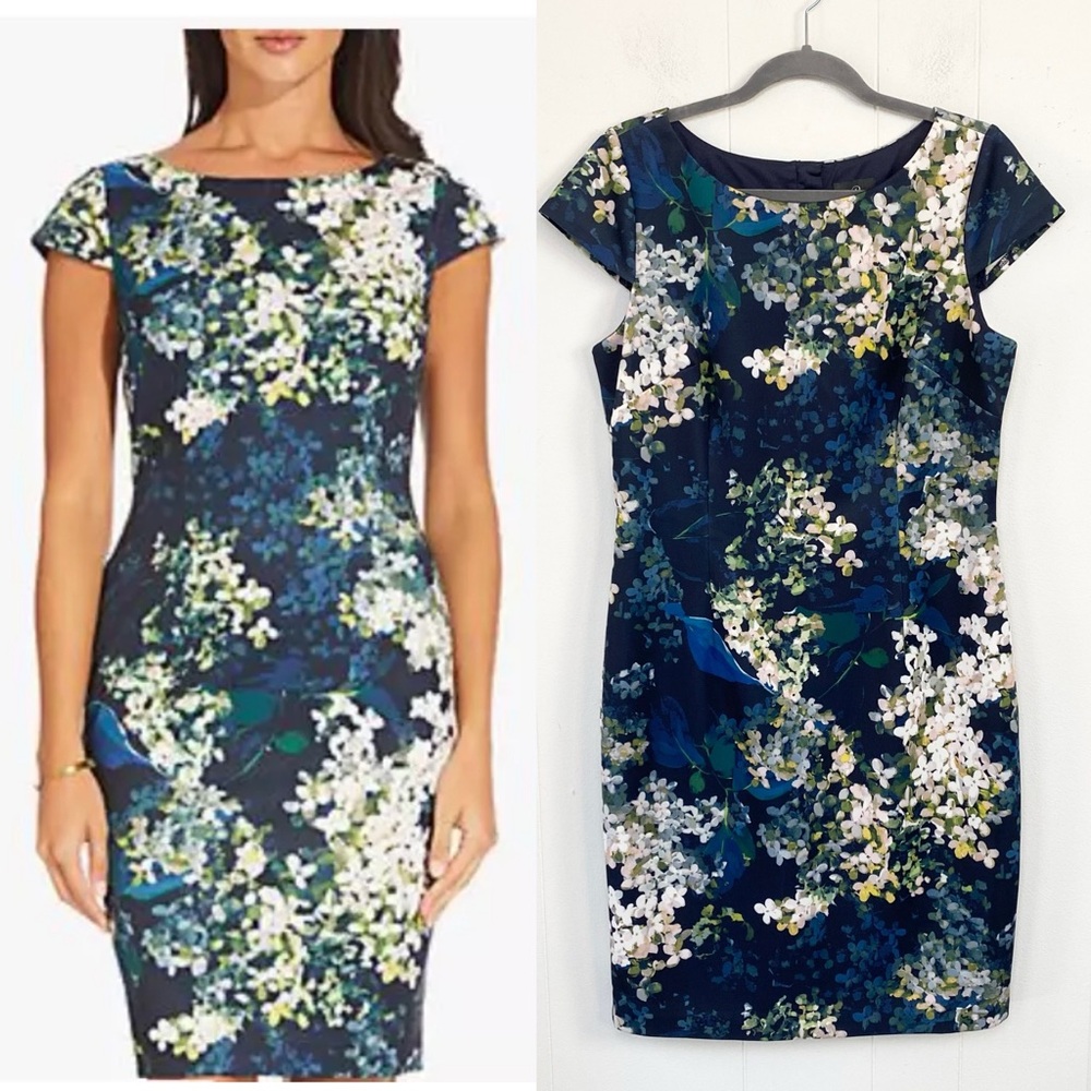 Adrianna Papell Sheath Dress Size 12 Peaceful Hydrangeas Navy Multi Zip Back